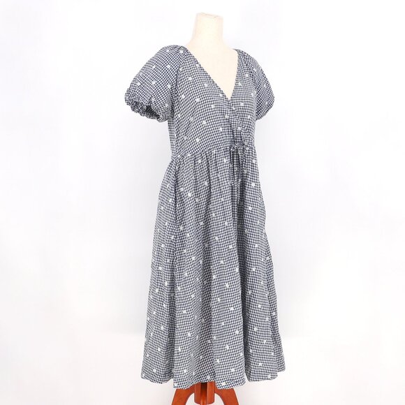 MADEWELL Embroidered Gingham Faux-Wrap Tie-Waist Midi Dress Navy Size S - Picture 4 of 9